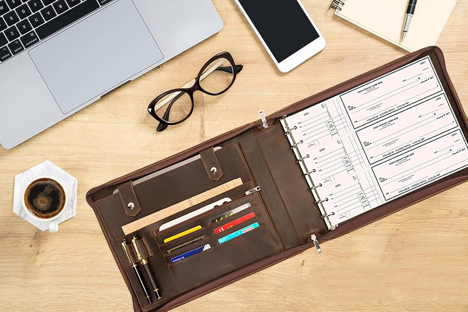 Stylish Zippered Checkbook Binder for Business Checks - Leather 7 Ring System