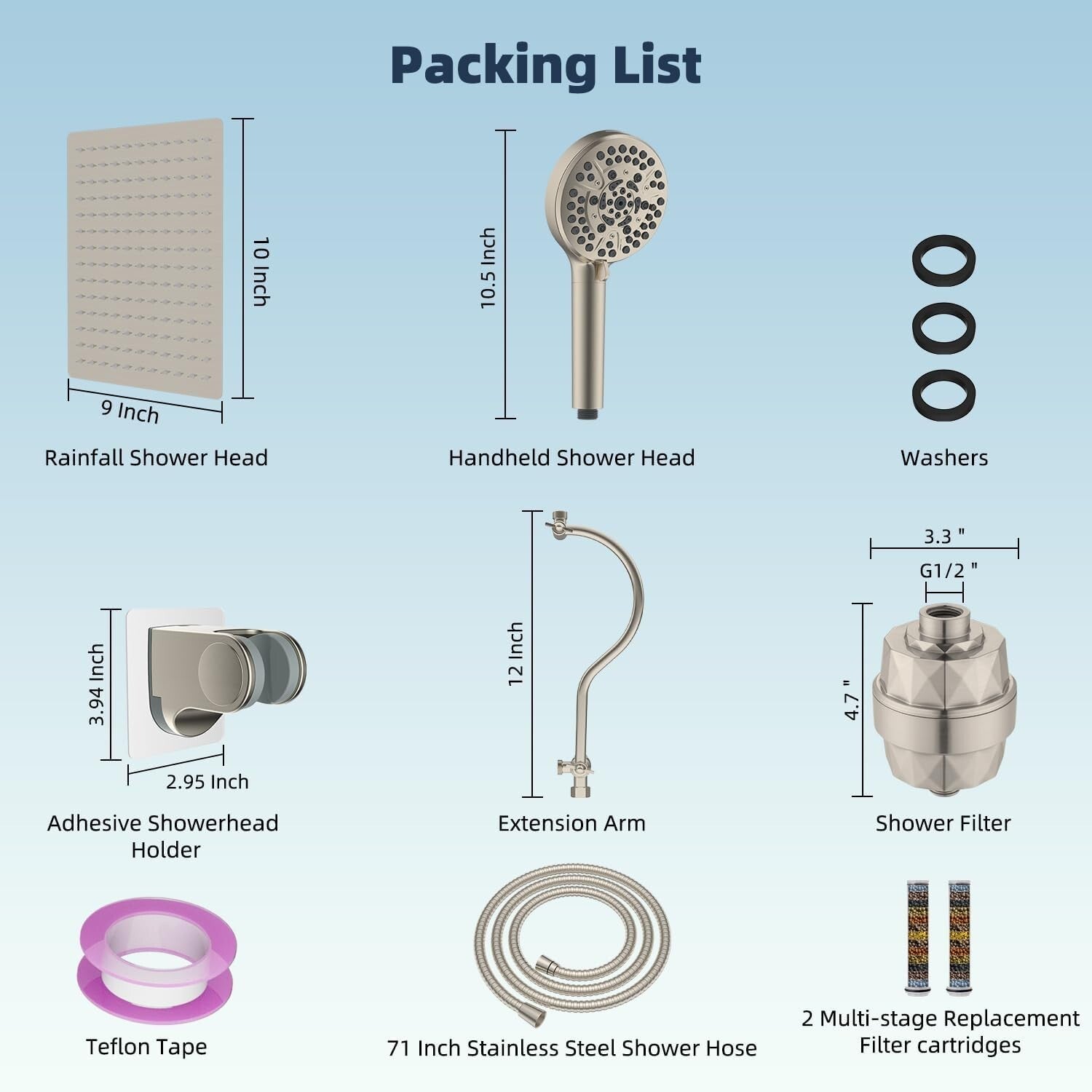 Filtered 10'' Brushed Nickel Rainfall Shower Head Combo with 12'' Extension Arm