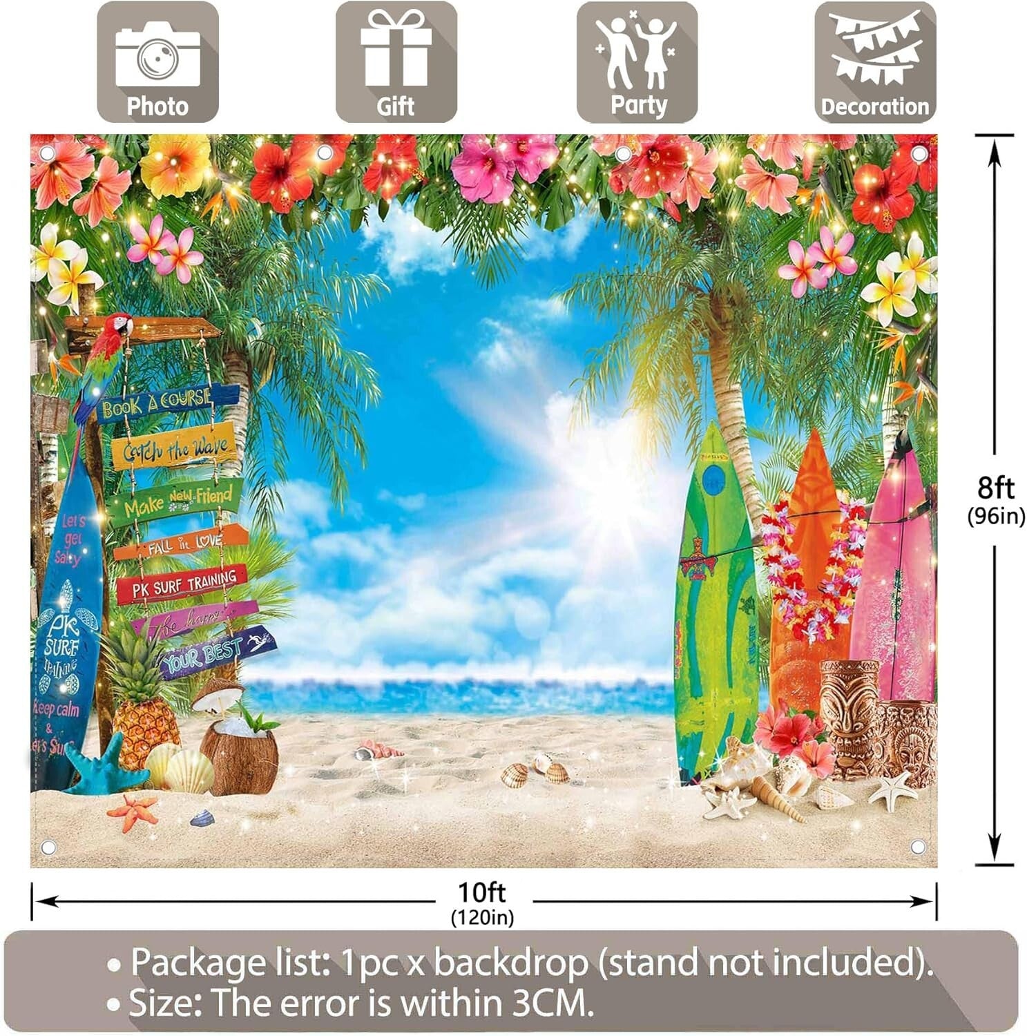 10x8ft Hawaiian Beach Backdrop with Palm Leaves & Surfboard for Aloha Parties