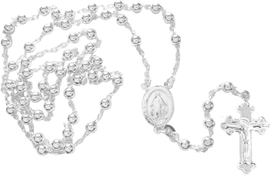 Elegant 30-Inch 925 Sterling Silver Rosary Necklace with Virgin Mary Pendant