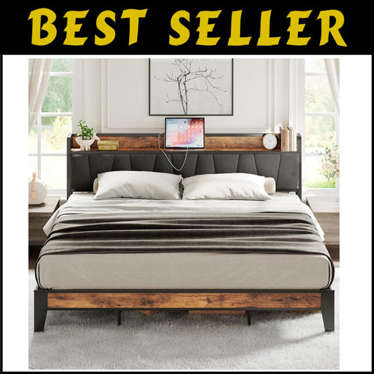King Size Bed Frame with Storage Headboard & Charging Station - Easy Assembly