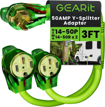 Load image into Gallery viewer, Bright Green 50A Y Splitter Adapter for RV &amp; EV - NEMA 14-50P to 2 NEMA 14-50R