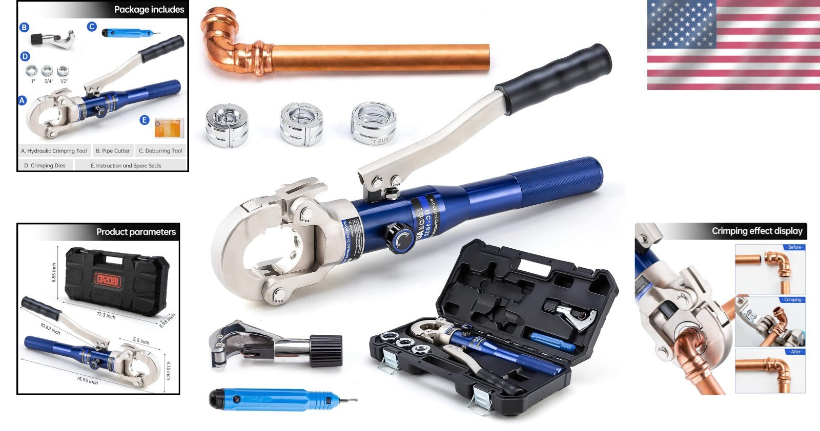 Lightweight Aluminum Copper Press Crimper with Ergonomic Grip - 3 Sizes Included