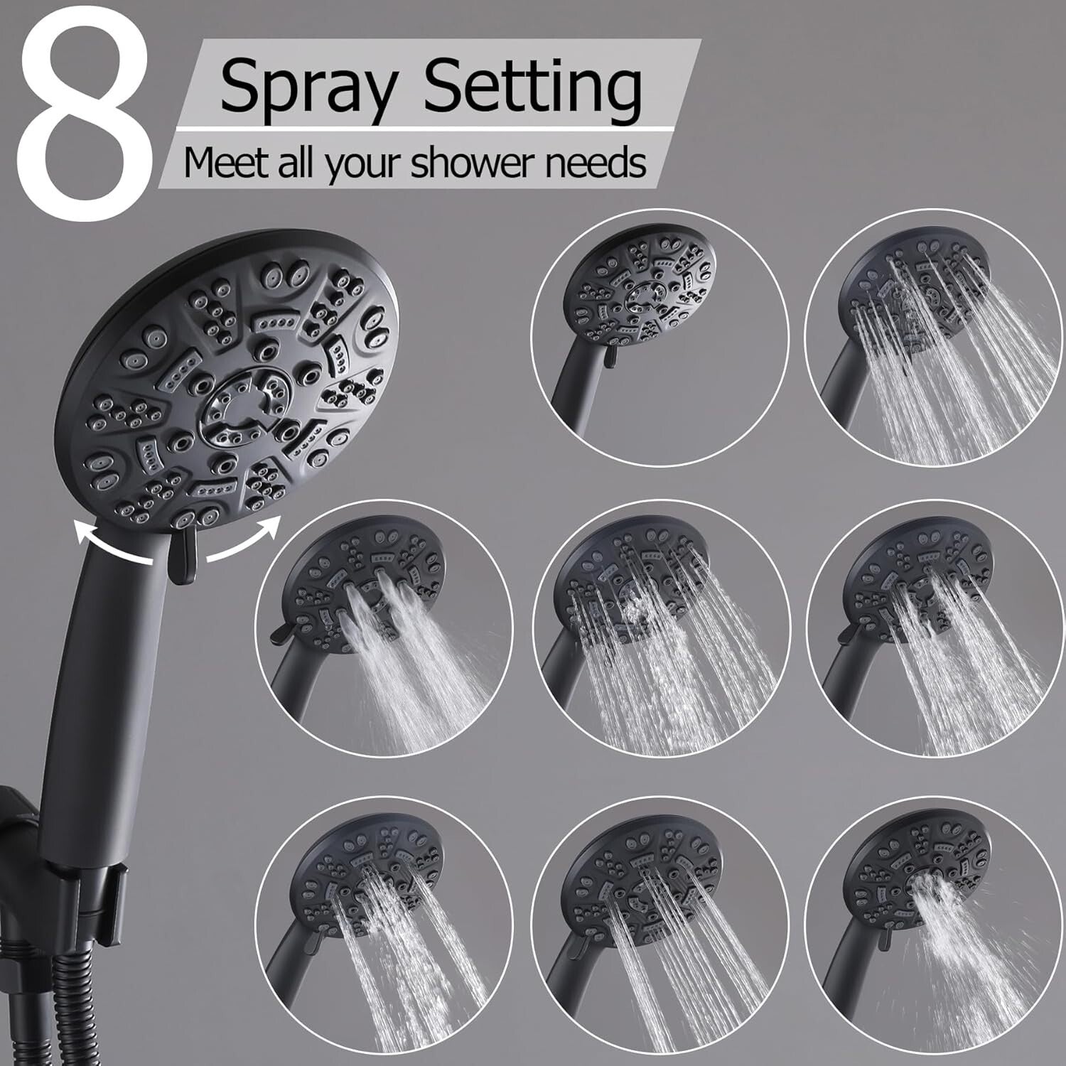 All-in-One Shower Tub Kit: 3 Handles, 8 Settings & Elegant Matte Black Finish
