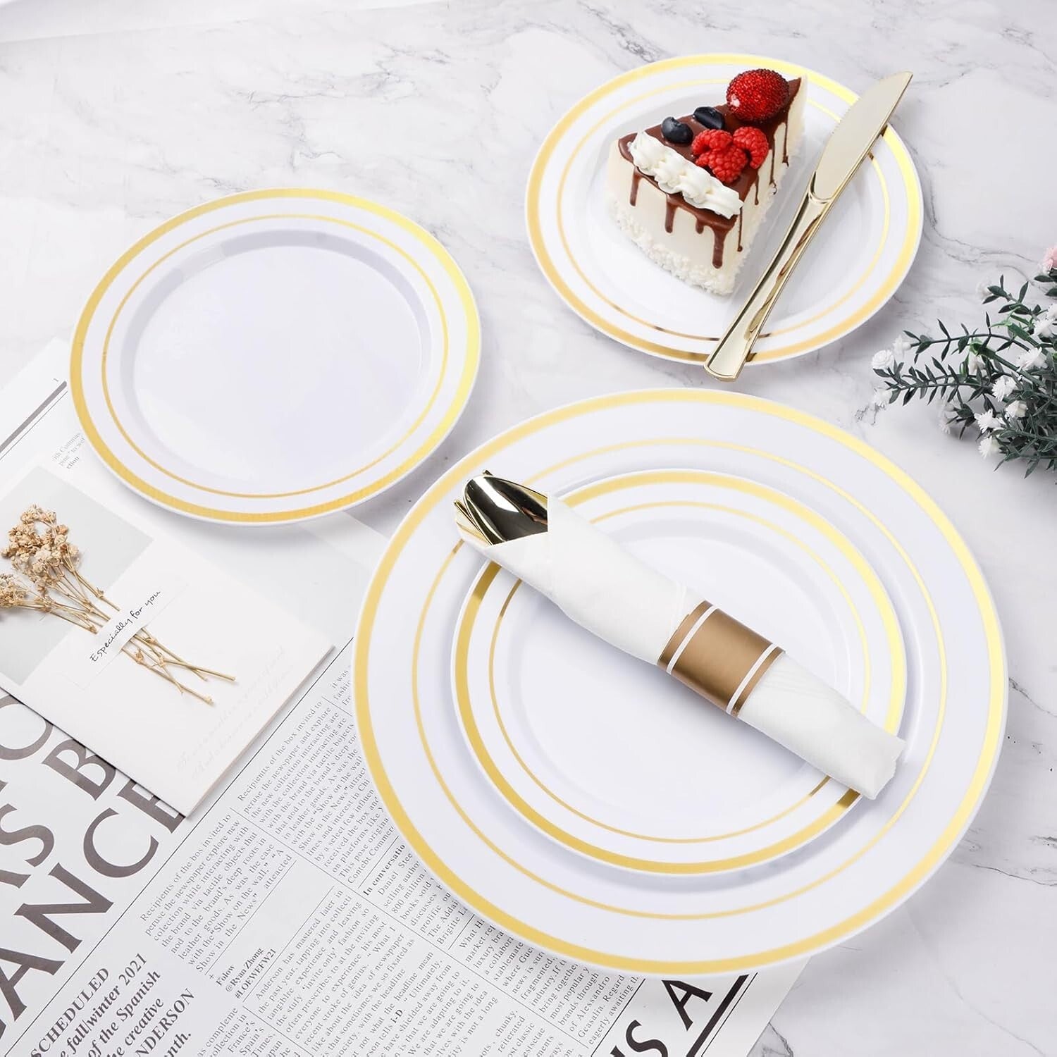 Complete Gold Plastic Dinnerware Set - 350PCS for Effortless Entertaining of 50