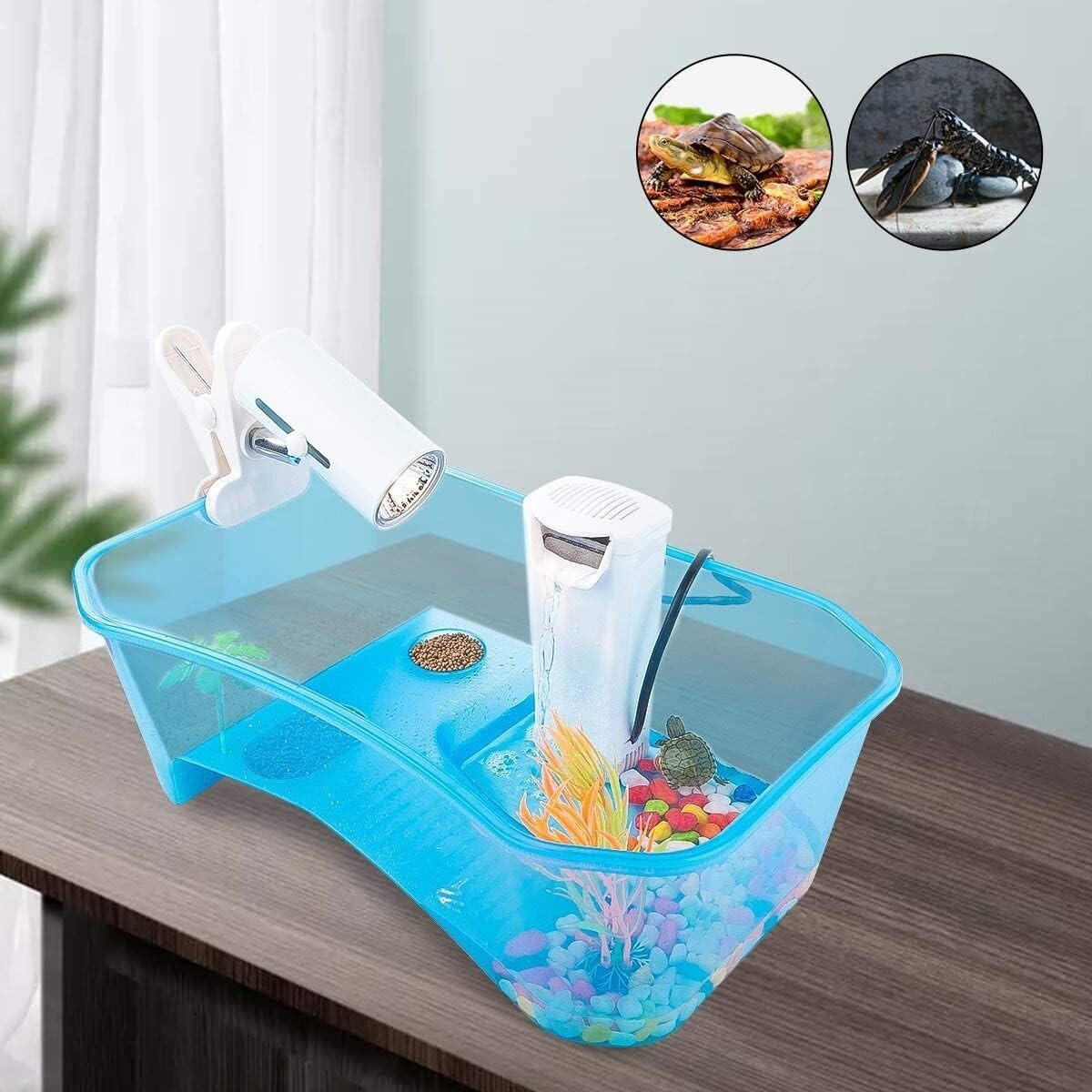 Pet Turtle Aquarium with 5-Gallon Capacity, Basking Area, and Decorative Plants