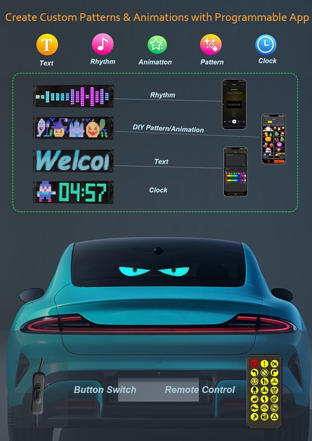 RGB Devil Eyes Light for Cars - 14x4 Flexible LED Animation with Remote Control