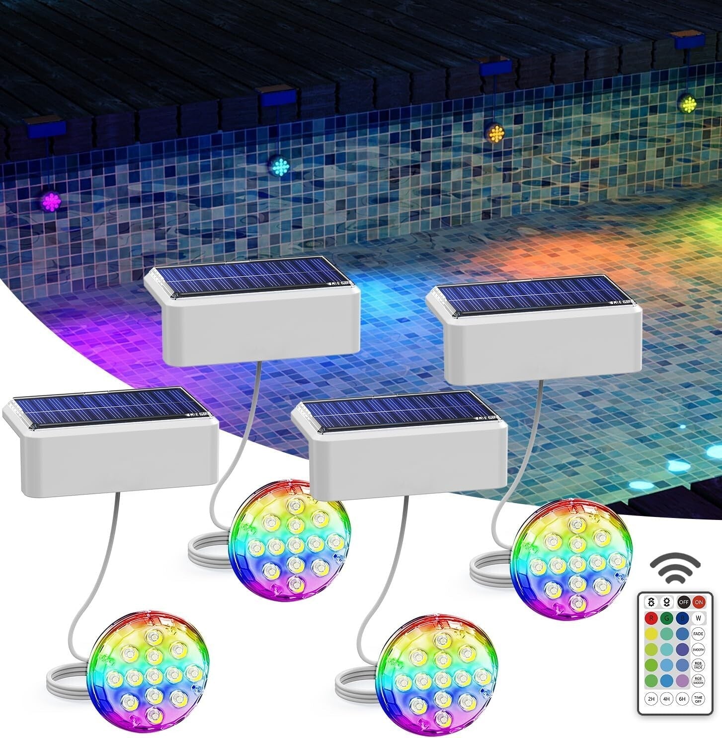 16 Color Changing Solar Pool Lights with Remote - Waterproof LED Lighting 4 Pack