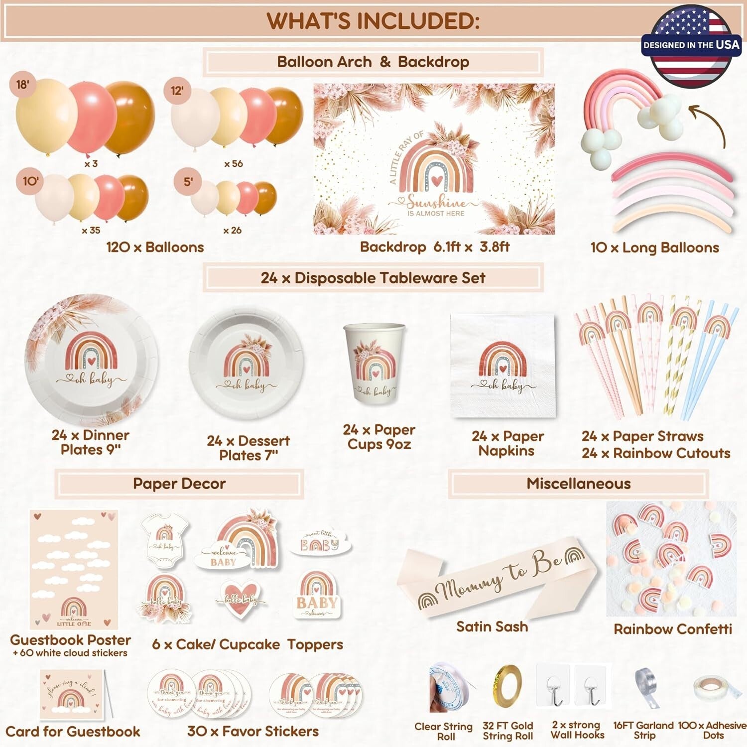 Elegant Boho Baby Shower Decorations - Complete Kit with Backdrop & Tableware