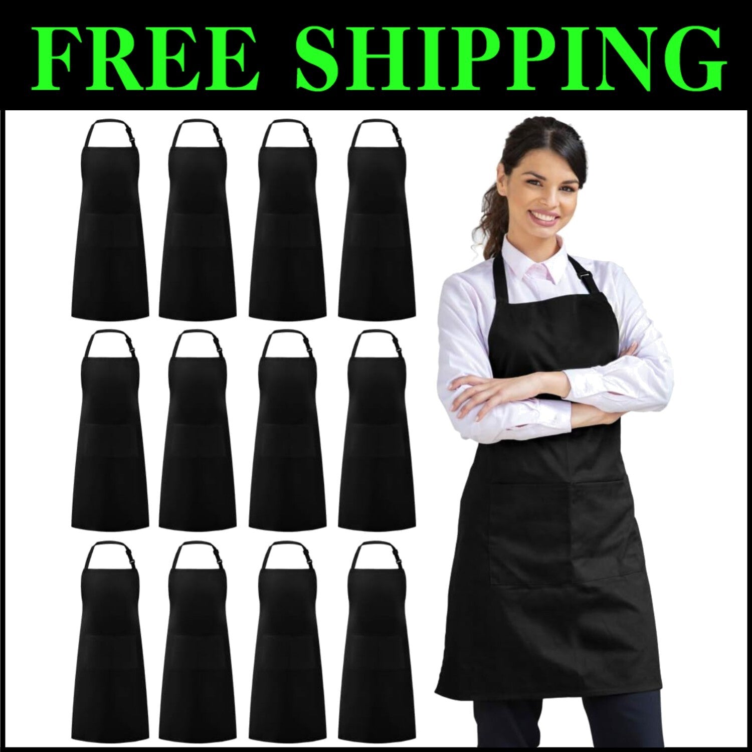 Unisex 100% Cotton Bib Aprons - Bulk 12 Pack with Large Pockets for Kitchen Use