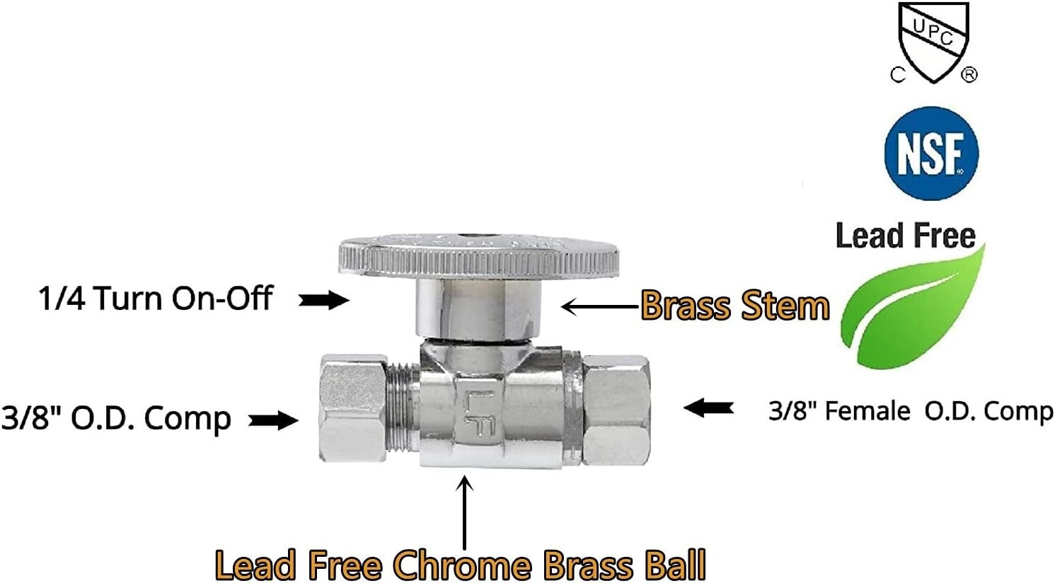 10-Pc Lead-Free Chrome Brass Plumbing Shut-Off Valve - Quarter-Turn Design