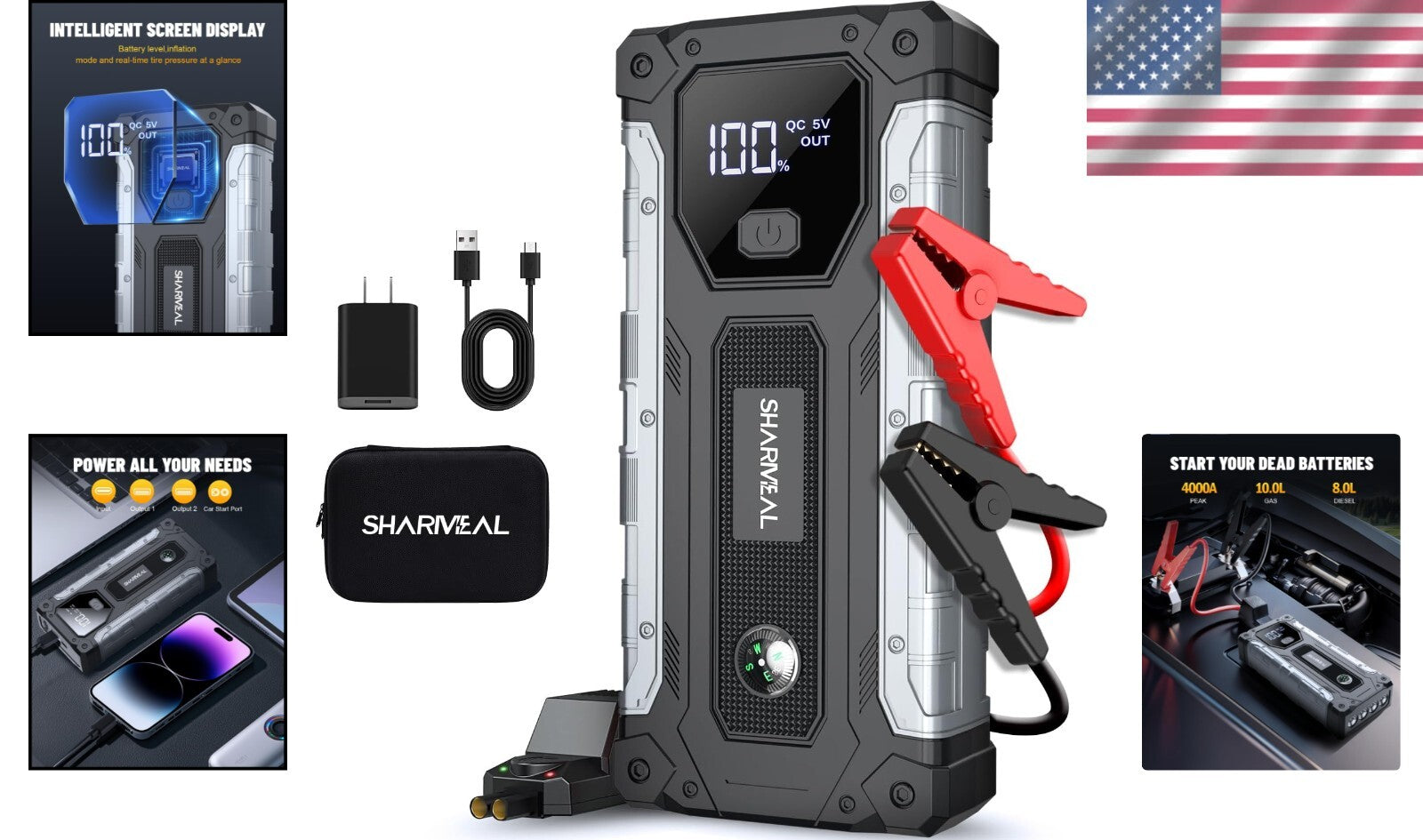 4000A Car Jump Starter - Compact Battery Pack for Gas & Diesel Vehicles