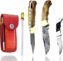 Load image into Gallery viewer, Handcrafted Damascus Steel Folding Knife with Leather Sheath - A Collector's Gem