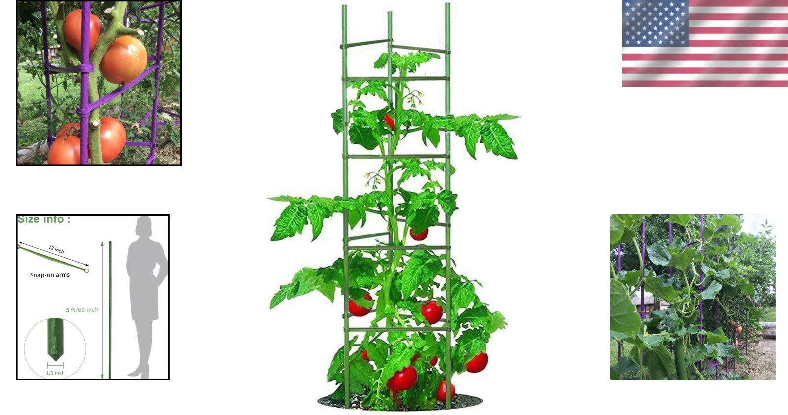Metallic Green 5ft Tomato Cage Set - 6 Sturdy Stakes with Clips for Garden Use