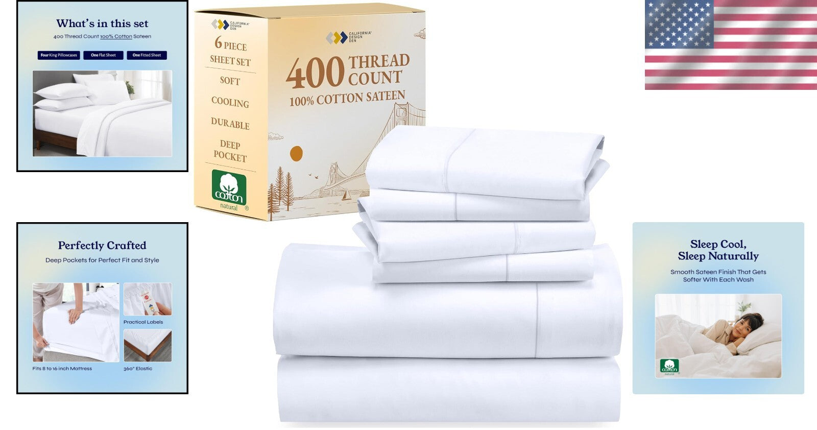 Luxurious 6-Pc King Size Sheet Set - 400 Thread Count 100% Cotton Sateen White