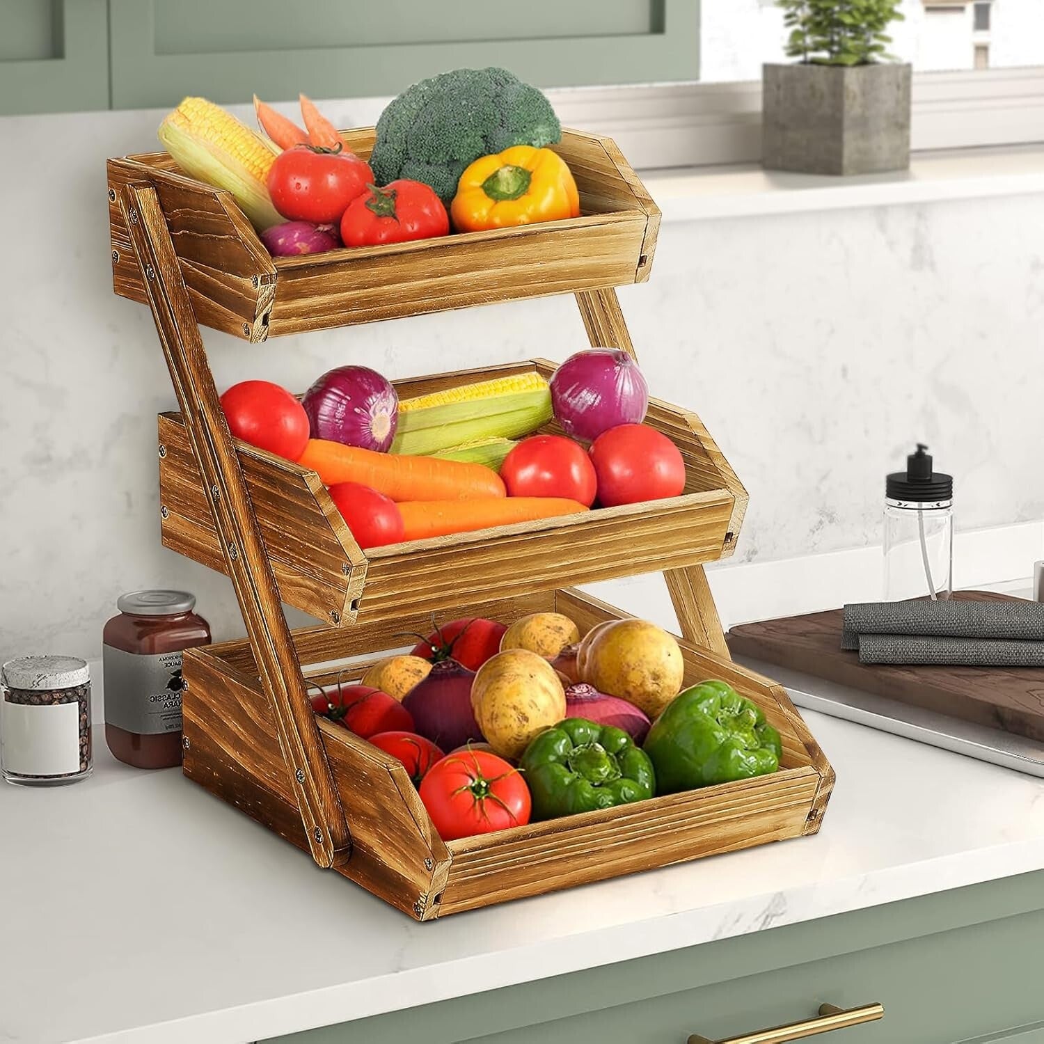 Elegant Wooden 3-Tier Fruit Basket in Pine for Stylish Kitchen Organization
