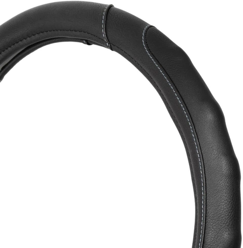Durable 14-Inch Black Leather Steering Wheel Cover with Stylish Gray Stitching