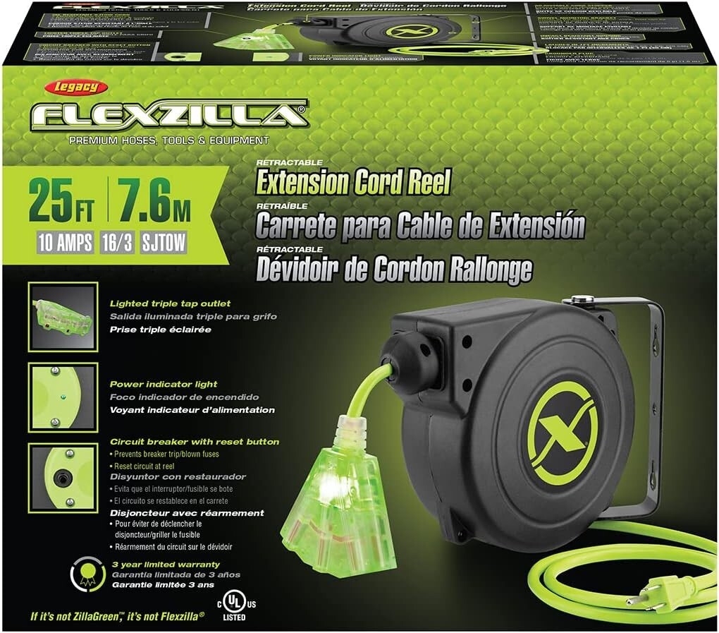 ZillaGreen 25 Ft Retractable Extension Cord Reel with Lighted Triple Tap Outlet