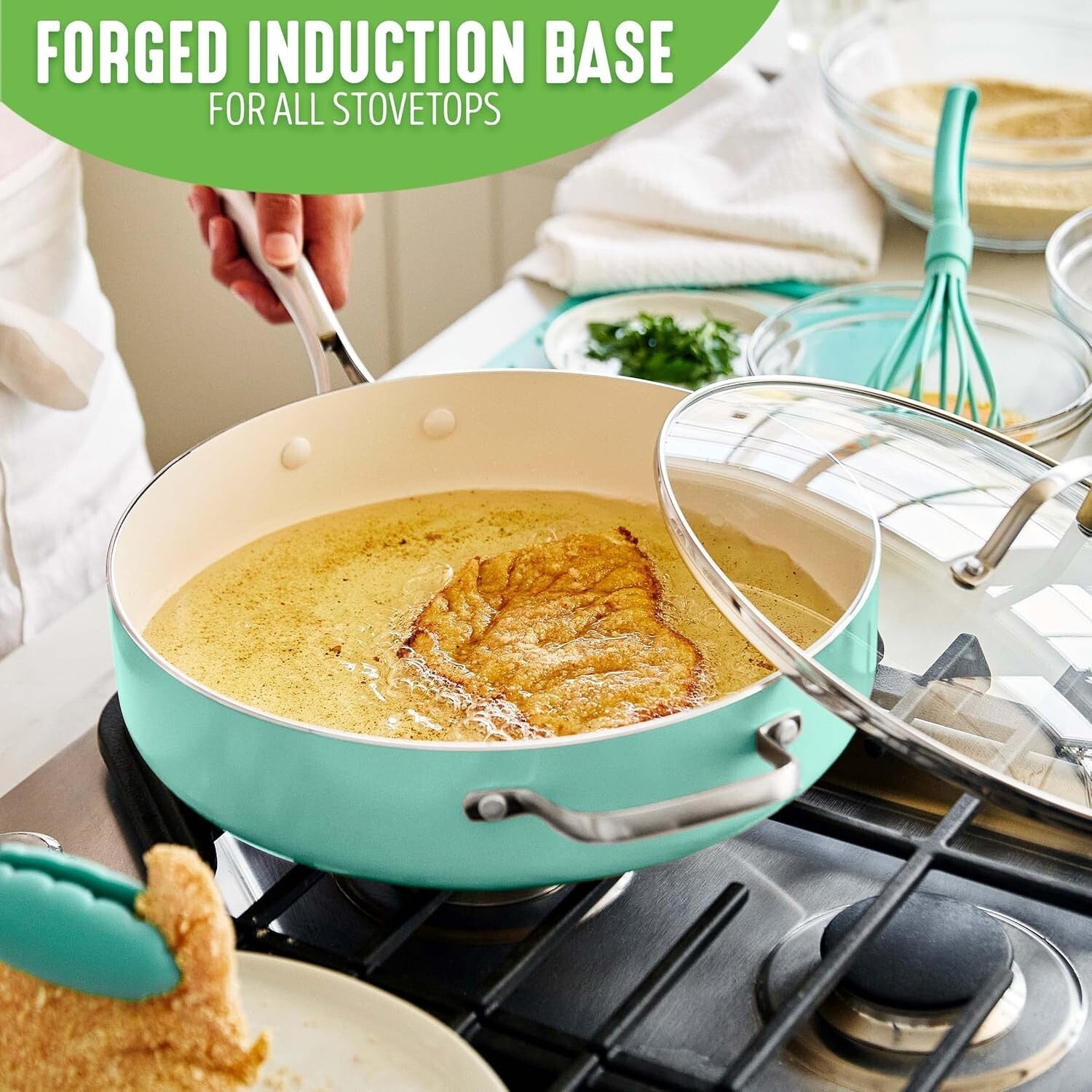 Elegant Turquoise 5QT Ceramic Nonstick Saute Pan with Stainless Steel Handle