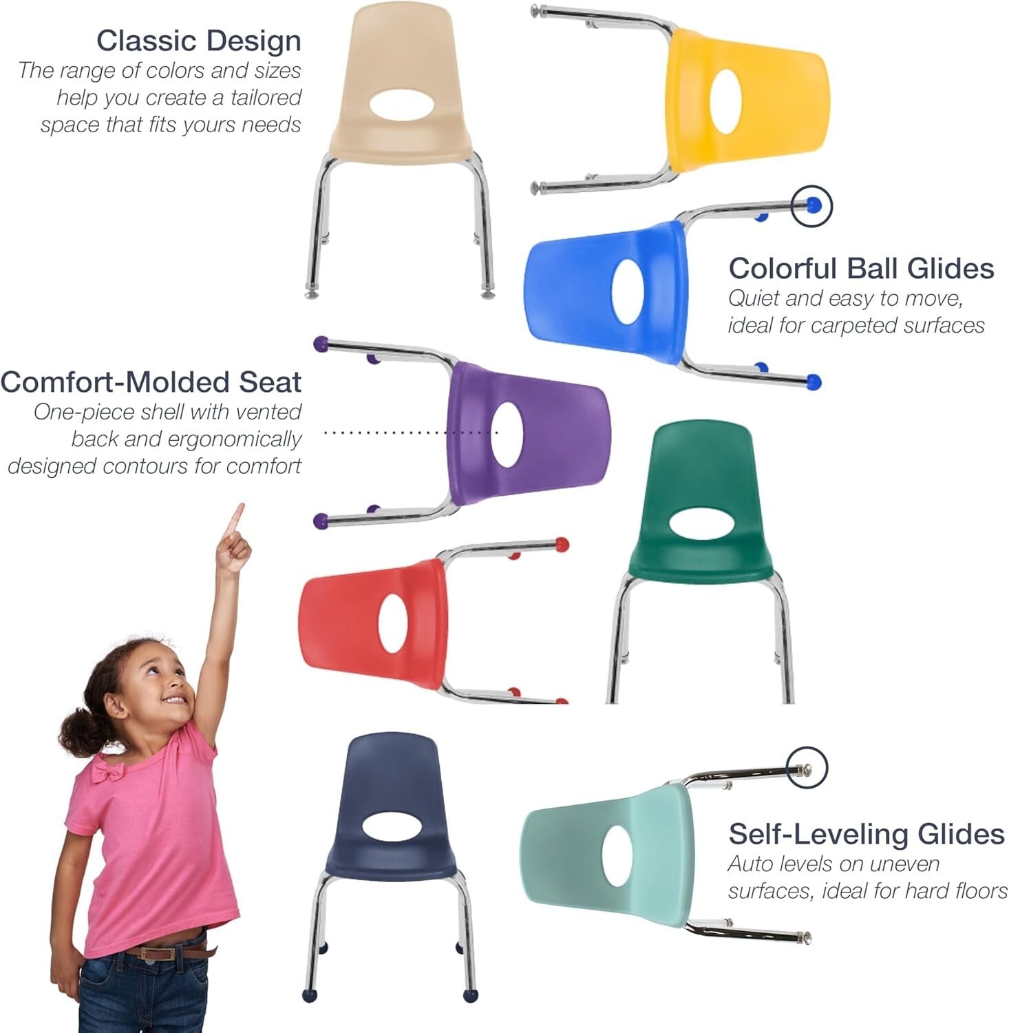 Durable 12" School Stack Chair Set - 6 Blue Seats with Smooth Ball Glides