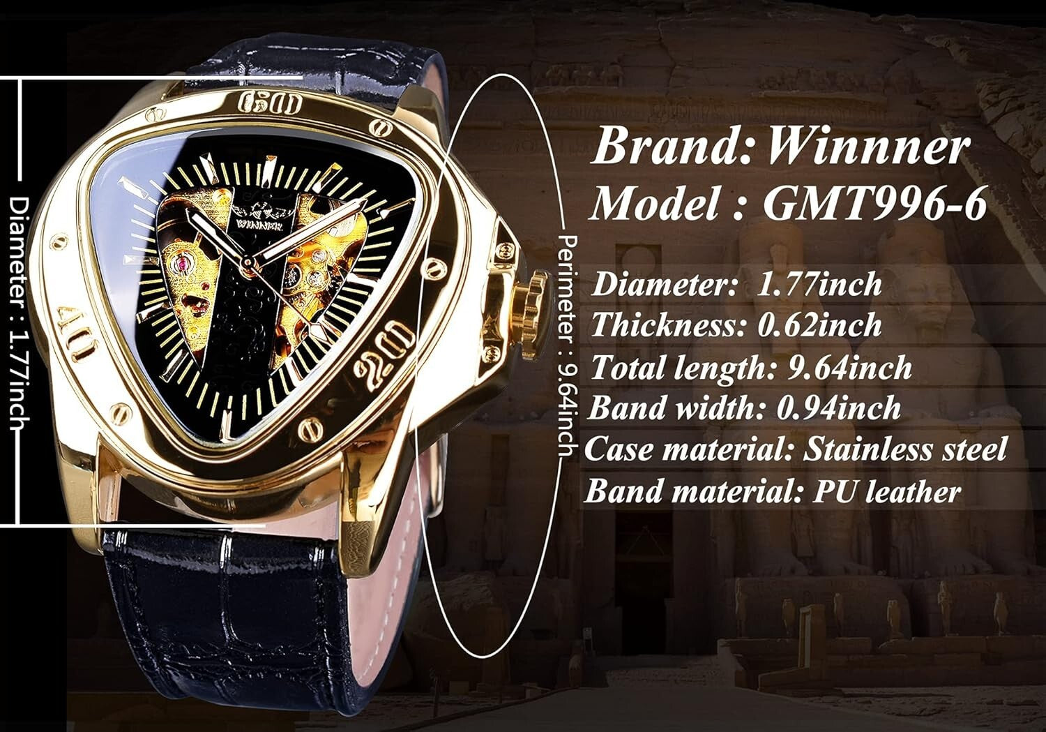 Elegant Mechanical Men's Watch with Pyramid Dial and Leather Strap Design
