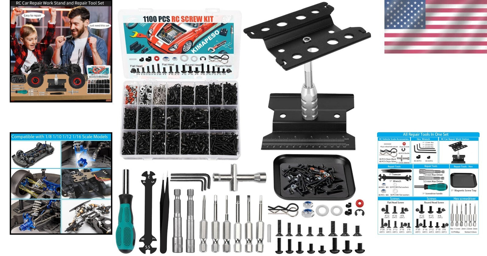Efficient RC Car Repair Toolkit: Work Stand, 1100 Screws & 6 Tools Included