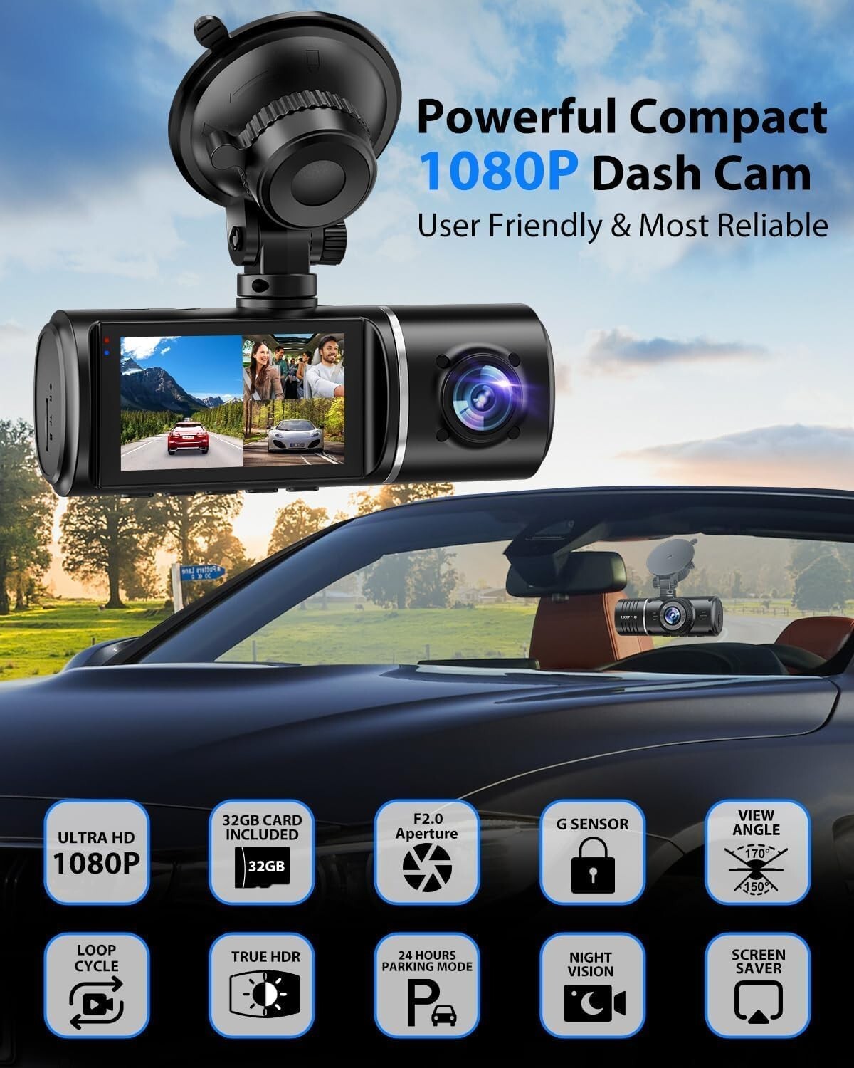 Triple Channel 1080P Dash Cam - Front, Rear & Cabin Camera for Total Safety