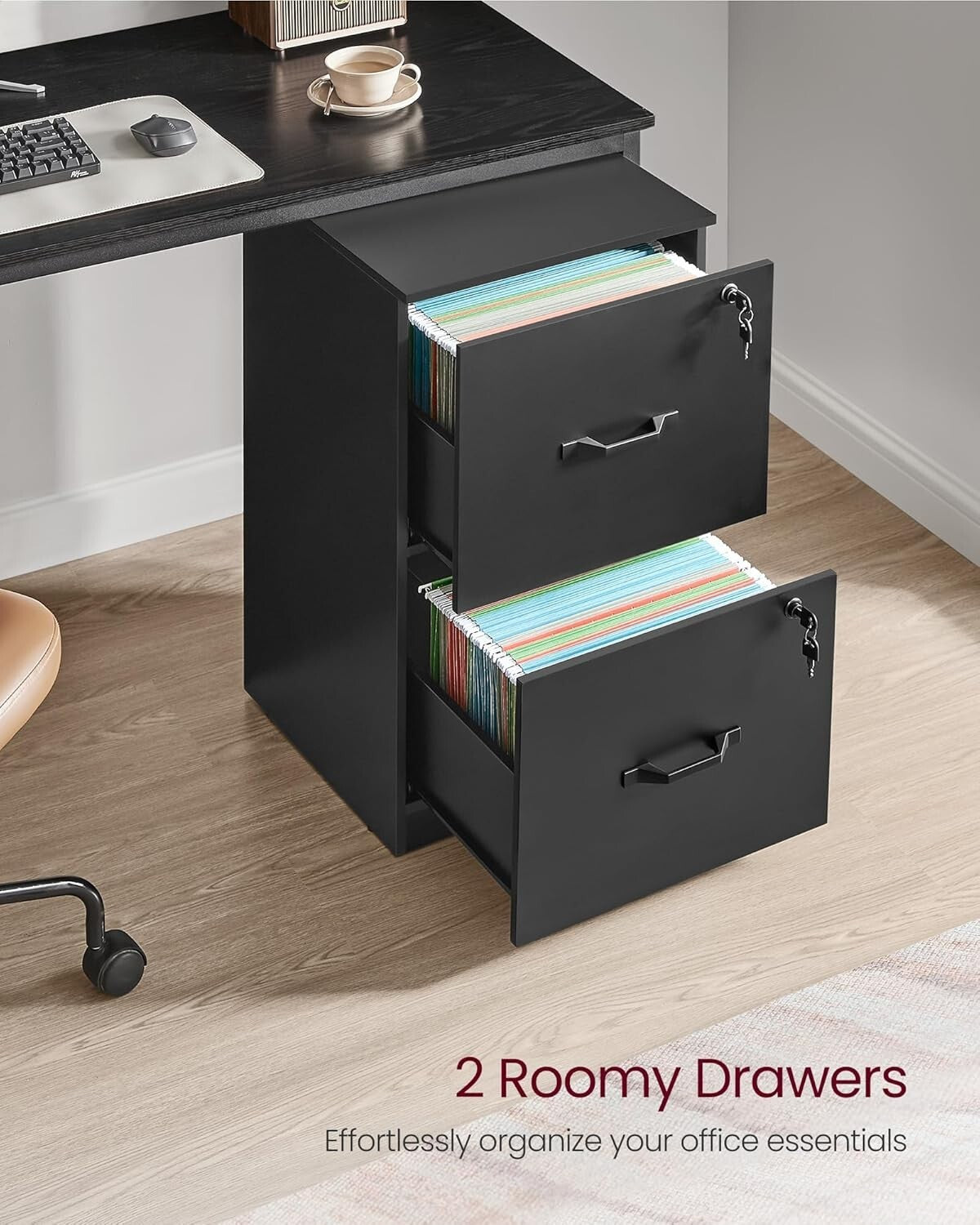 Stylish Ink Black Office Filing Cabinet with Lockable Drawers - Freestanding