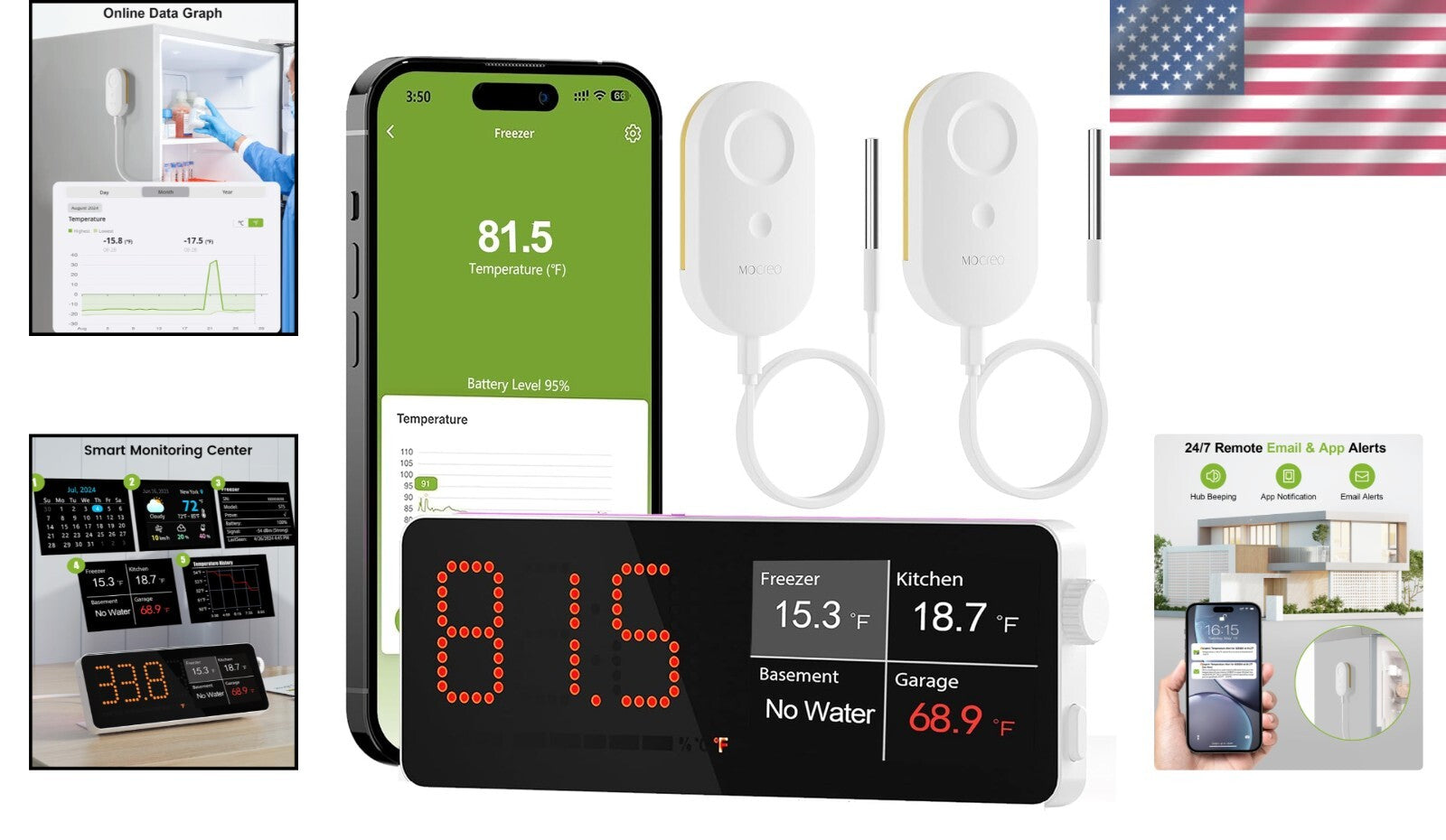 Digital Freezer Alarm with Remote App Notification and 2-Year Logging - 2 Pack