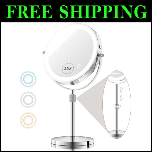 Rechargeable 8” Makeup Mirror with 15X Magnification & Stepless Dimming Light