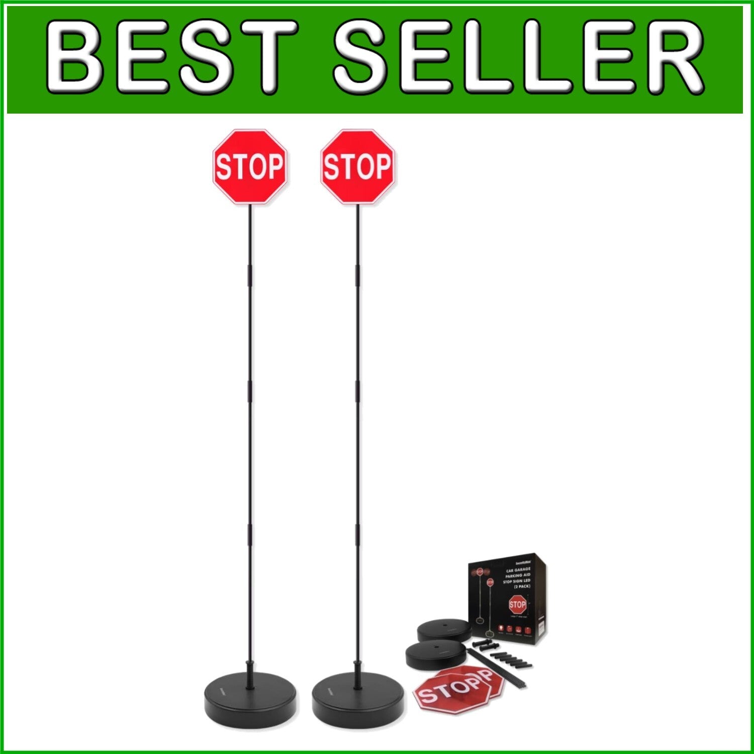 2 Pack Garage Parking Marker with 7" LED Stop Sign - Adjustable Car Guide Aid