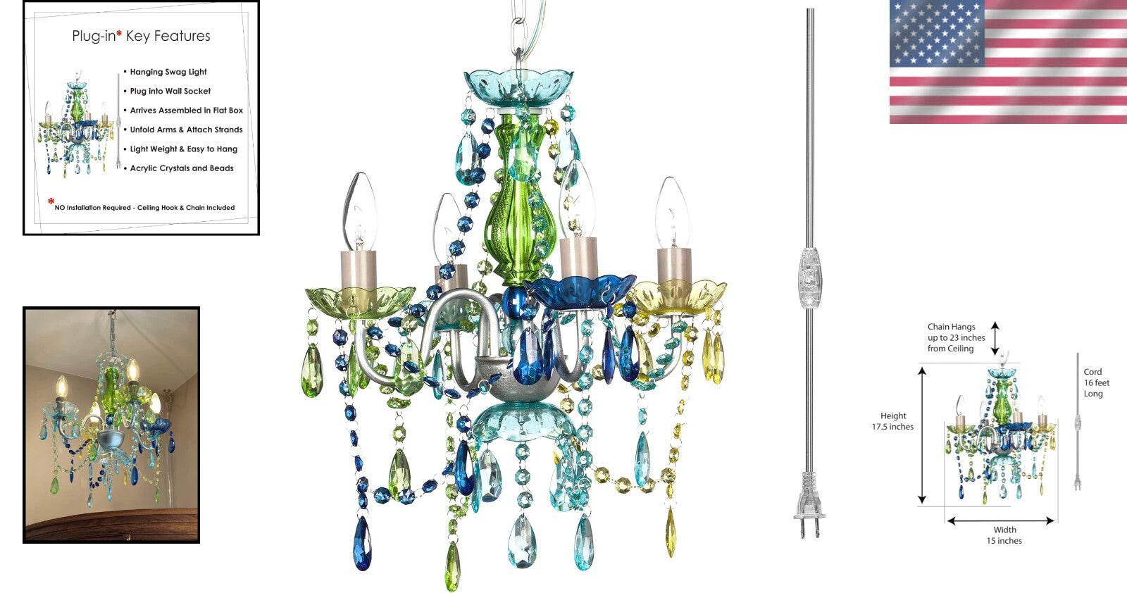 4-Light Plug-in Blue Green Acrylic Crystal Hanging Chandelier - Wedding Elegance