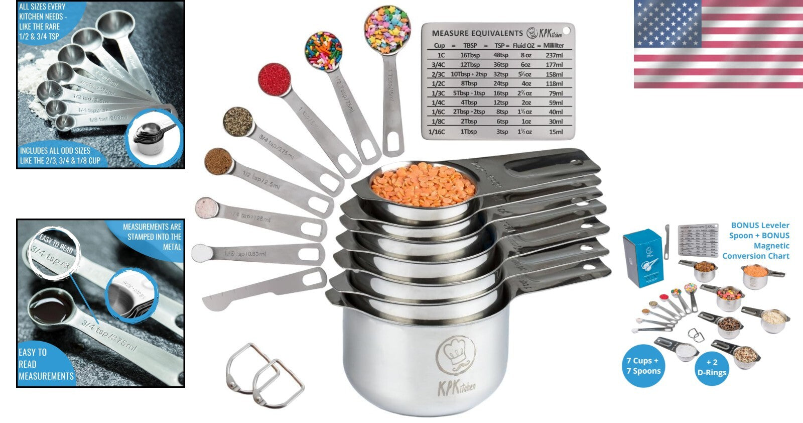 Complete Set of 16 Stainless Steel Measuring Cups & Spoons with Conversion Chart