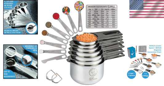 Complete Set of 16 Stainless Steel Measuring Cups & Spoons with Conversion Chart