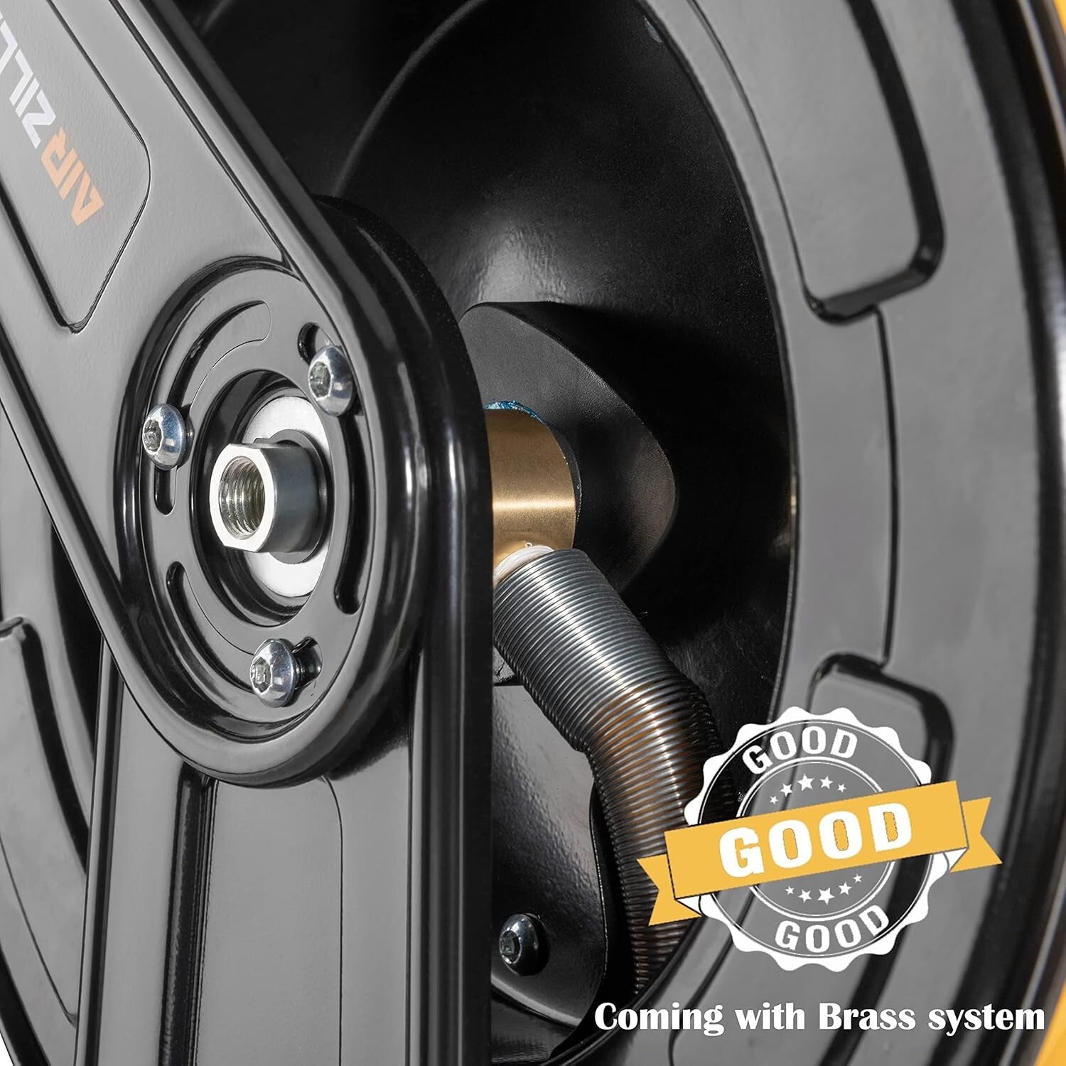 Versatile Dual Arm Air Hose Reel with 65FT Hose – Automatic Rewind & Lock System