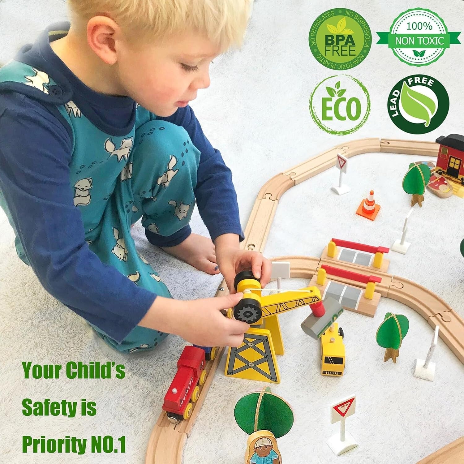 Premium Wooden Train Set - 55PCS with Accessories & Crane for Imaginative Play