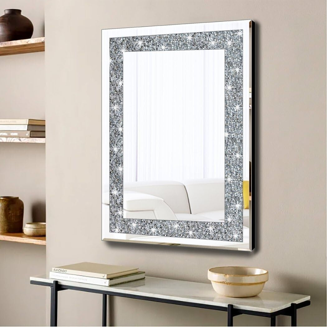 Elegantly Crafted 28x20" Silver Frameless Rectangle Mirror with Crystal Design