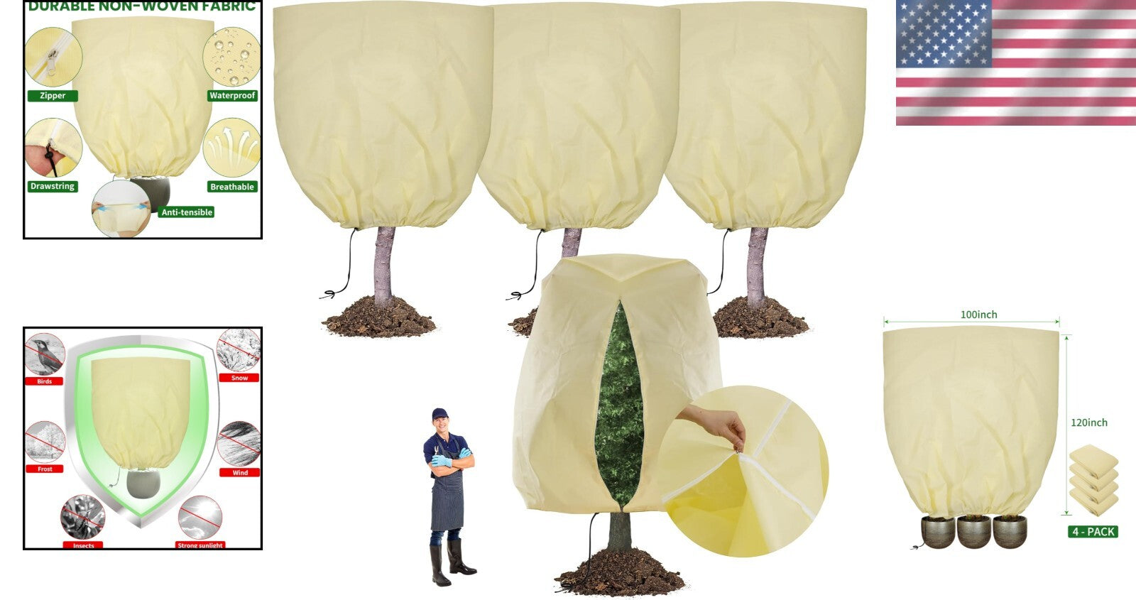 120x100 Inch Reusable Frost Protection Cloth for Winter Plant Care - 4 Pack