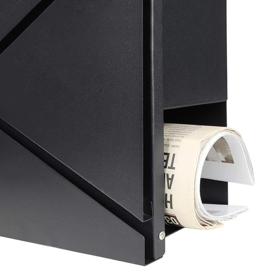 Durable Black Mailbox with Key Lock & Integrated Newspaper Holder, 13" x 14.4"