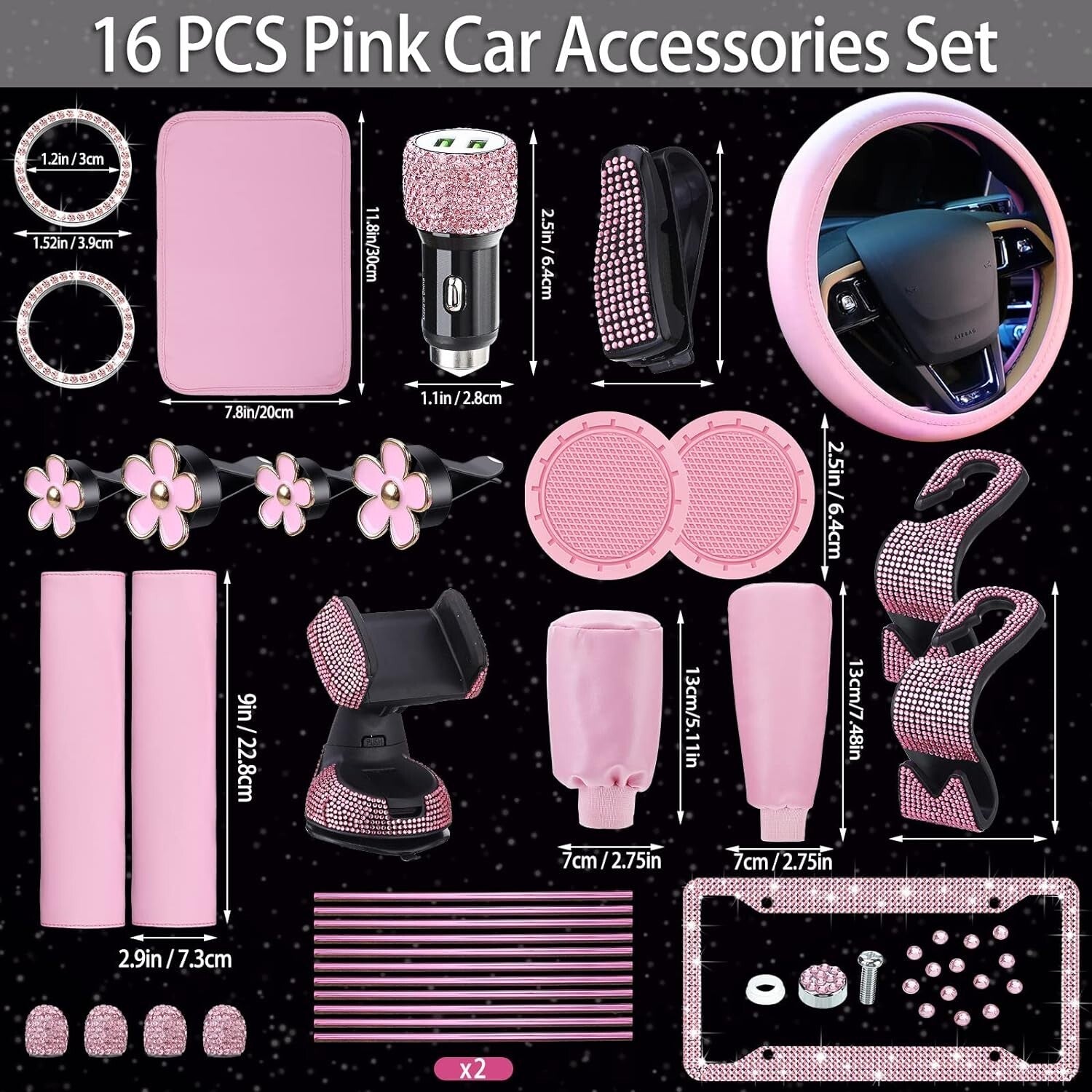 Fashionable Light Pink Car Accessories Bundle: Steering Cover & Phone Holder