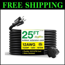 Load image into Gallery viewer, Reliable 12/3 SJTW 25ft Heavy Duty Extension Cord for Indoor and Outdoor Use