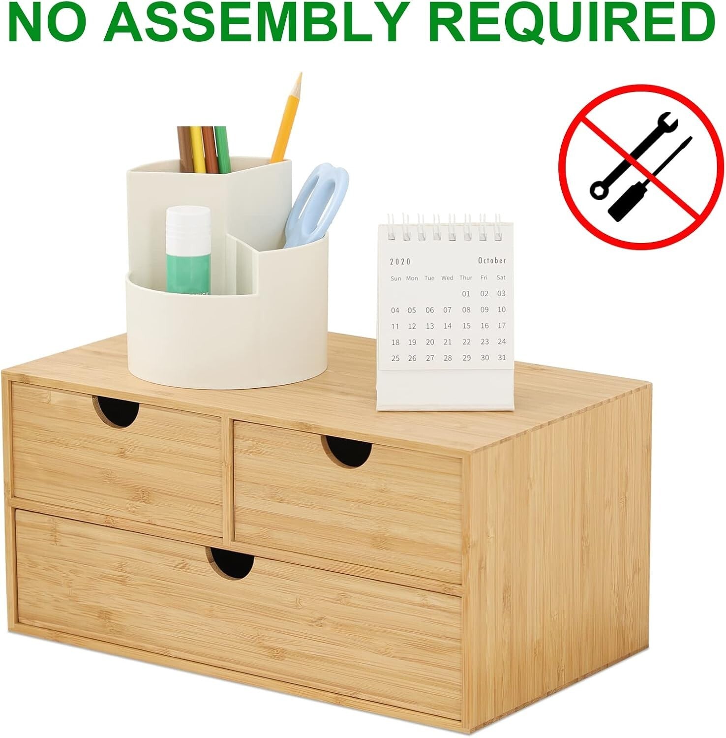 Sustainable Bamboo Mini Desktop Drawer Organizer - Fully Assembled, 3 Drawers