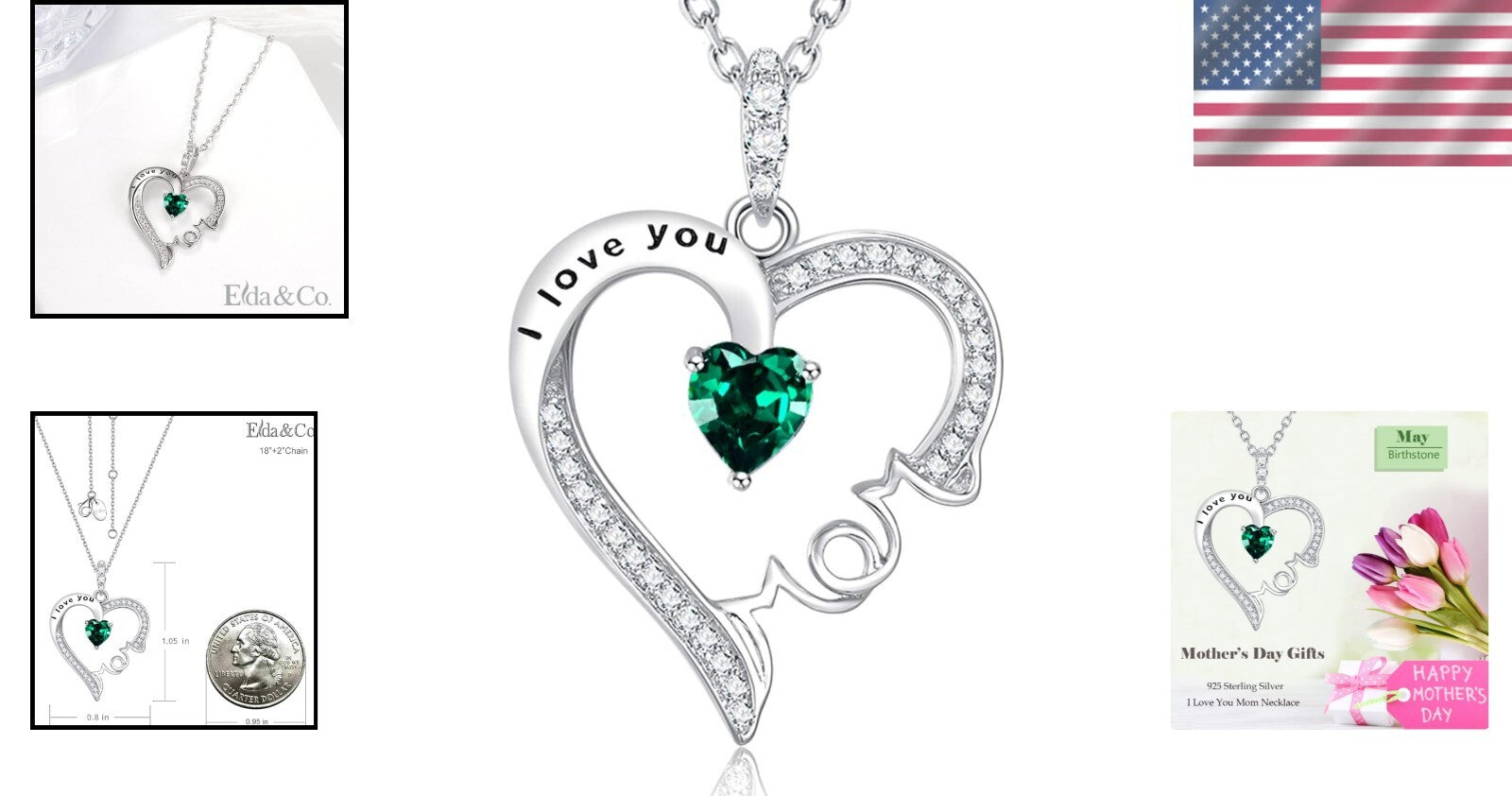 Elegant May Birthstone Mom Necklace - Sterling Silver Heart Pendant Gift Boxed