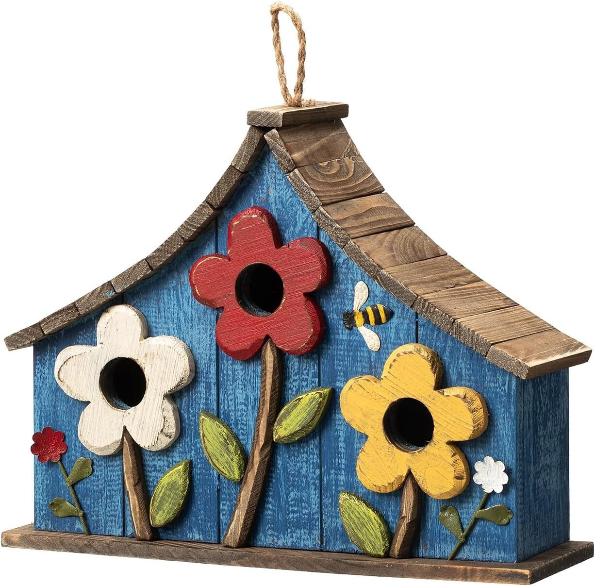 15" Oversized Hand-Painted Distressed Birdhouse with 3D Flowers - Rustic Villa