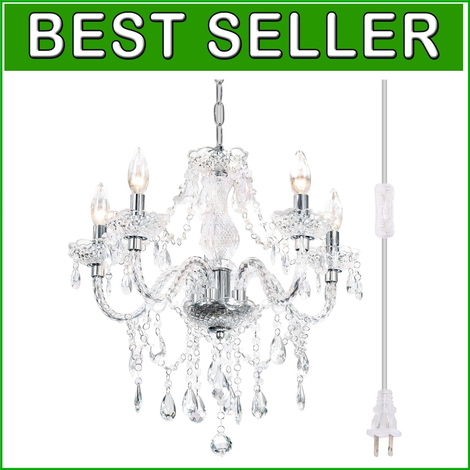 Elegant Acrylic Crystal Chandelier - Plug-In 5 Light Pendant with Clear Cord