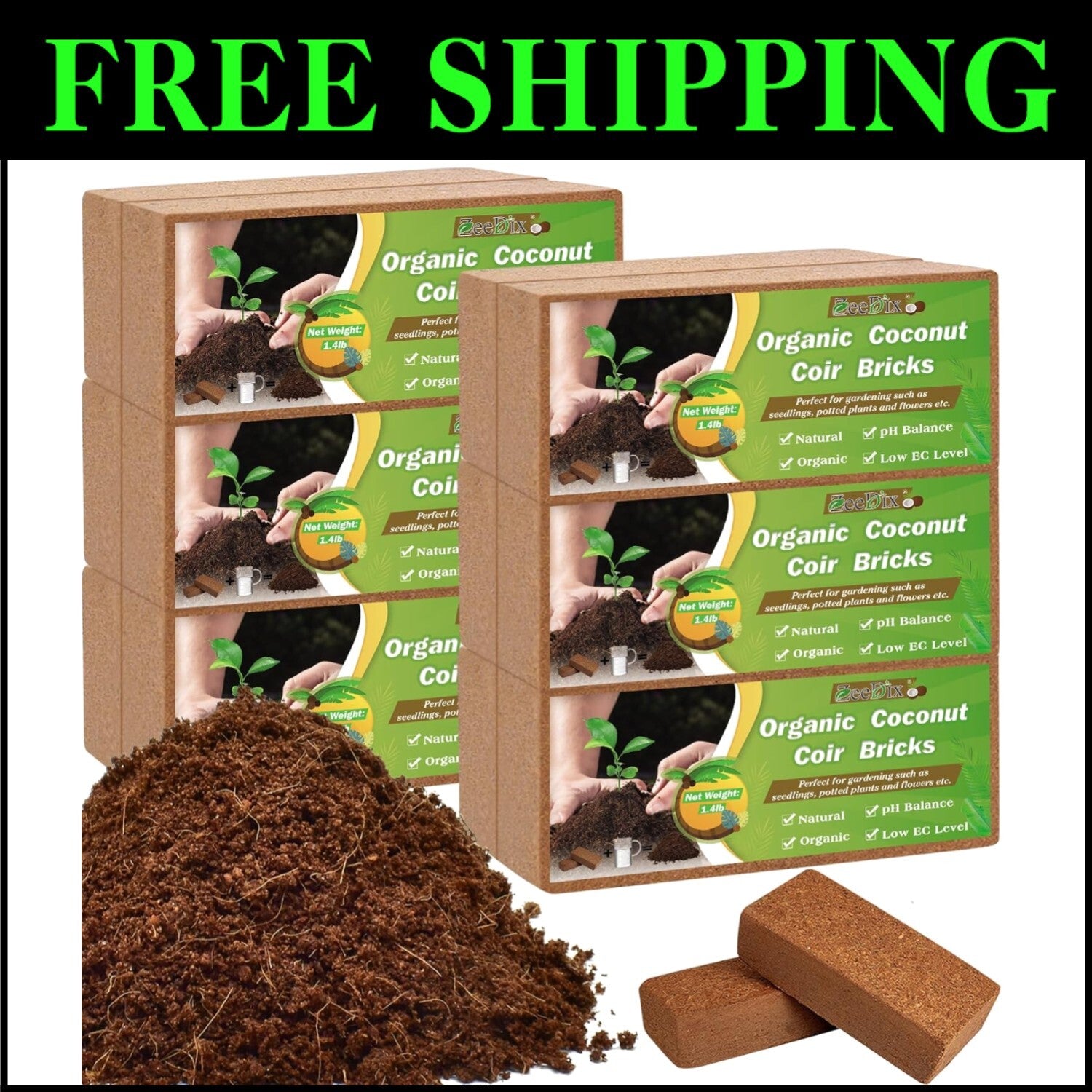 12 Pack Natural Coco Coir Bricks - Low EC & pH Balanced Gardening Medium