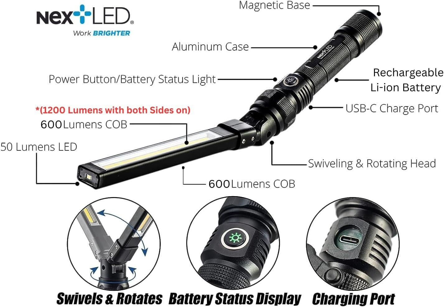 Rechargeable 1200 Lumen Magnetic Flashlight with Rotatable Head for Mechanics