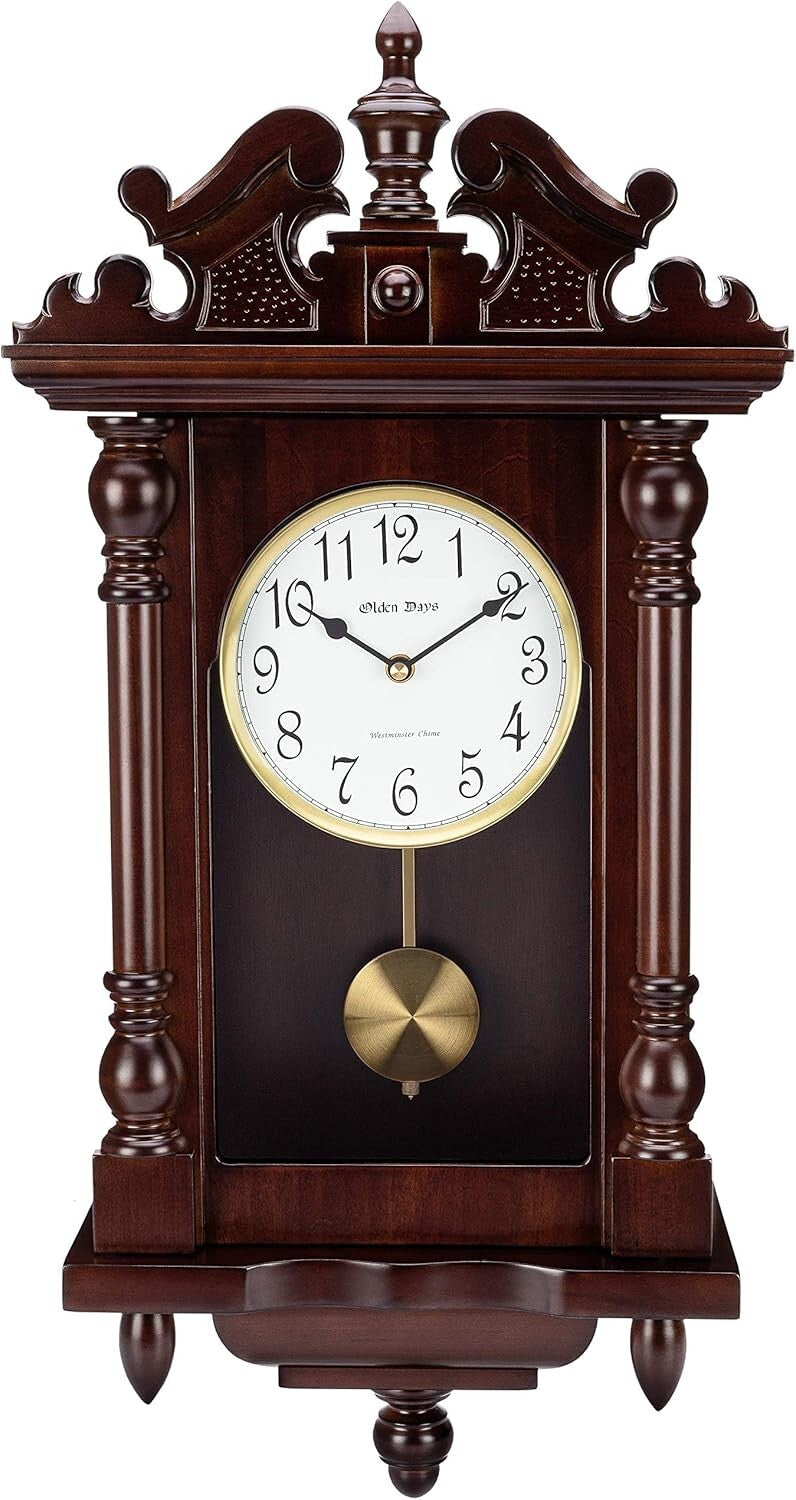 22" Tall Wooden Wall Clock with 4 Chime Options & Elegant Swinging Pendulum