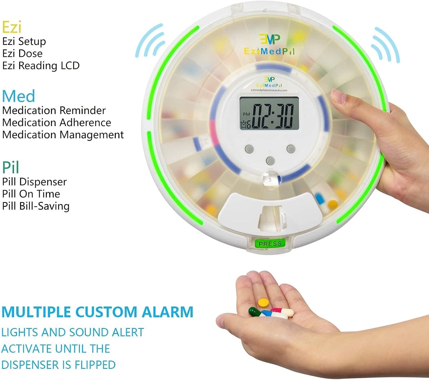 Secure Automatic Pill Dispenser with 6 Alarms and Large LCD - Caregiver's Aid