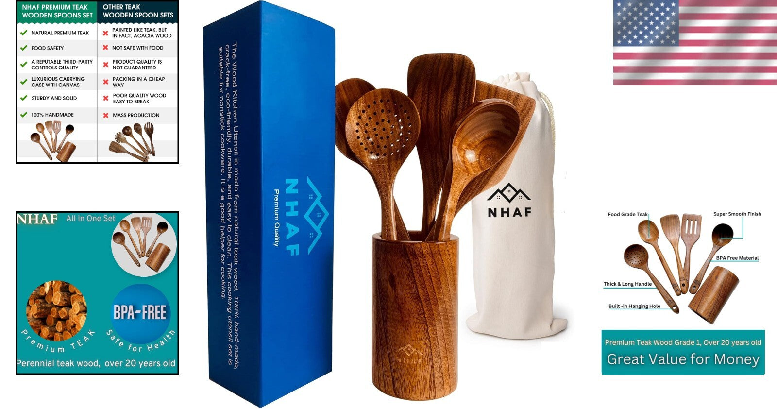 Durable Eco-Friendly Teak Cooking Utensils Set with Canvas Holder for Gifts